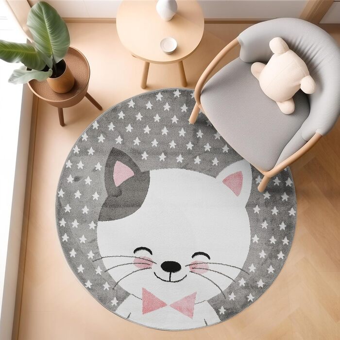 Круглий дитячий килимок Cat Design Ігровий килимок з коротким ворсом Modern Baby Room Blue (140x200 см, Pink-1)