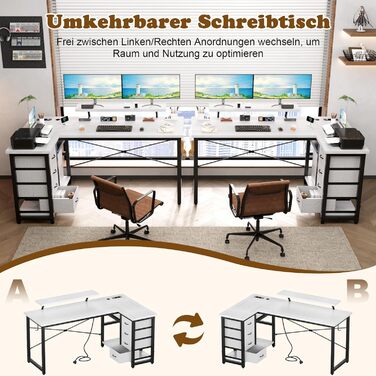 Кутовий стіл Devoko з 4 висувними ящиками з тканини, 2 розетками та 2 USB-портами, для дому та офісу, ігор, білий, 140x80 см