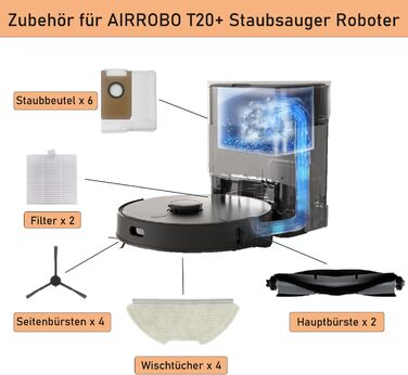 Змінний комплект аксесуарів для AIRROBO T20, Saprdii 4 ганчірки для швабри, 6 мішків для пилу, 2 основні щітки, 2 фільтри, 4 бічні щітки, запчастини для робота-пилососа Аксесуари