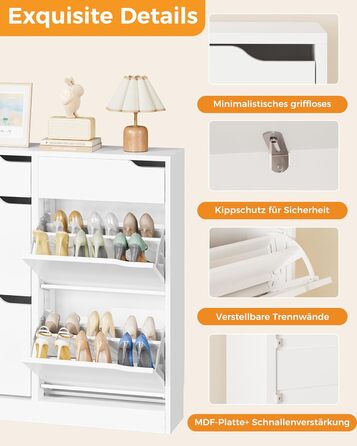 Шкаф для взуття IRONCK з 4 дверцятами, вузький, з 2 висувними ящиками, окремо розташований, з регульованими перегородками, для передпокою, входу та вітальні (Білий) 100*23.5*98 см, Білий