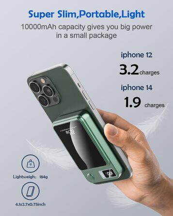 Бездротовий повербанк 10000mAh, магнітний, Mini PD 22.5W, LED дисплей, для iPhone 12-15 (зелений)