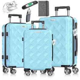 Набір дорожніх валіз KESSER з 3 предметів, ABS пластик, жорсткий корпус, кодовий замок, ваги для багажу та дорожній гаманець, колеса 360°, Sky Blue