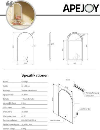 Дзеркало для ванної кімнати овальне з підсвічуванням 75x45 см, LED, з сенсорним вимикачем, зміна кольору світла (тепле/холодне/нейтральне), чорне