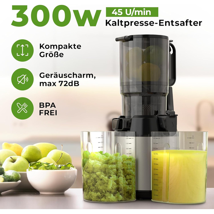 Шовковий відцентровий соковичавник Balter ES-01P: велика завантажувальна горловина 135 мм, 300 Вт, для овочів та фруктів, BPA Free, тихий