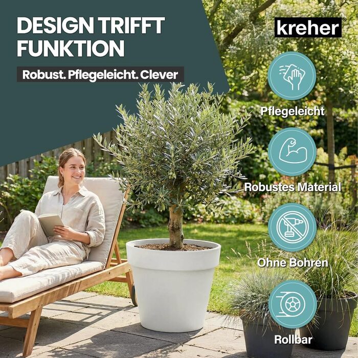 Крехер XXL круглий горщик для рослин / квітник з діаметром 79 см / 58 см, з роликами! Чудовий акцент для саду, тераси, ресторанів та комерційних приміщень! (Білий, XL-діаметр 58 см)