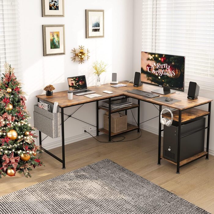 Ігровий кутовий стіл L-подібної форми з LED-підсвічуванням та розетками, 140x140 см, реверсивний комп'ютерний стіл з підставкою для монітора, 4 полиці та бічні кишені для дому та офісу (колір: коричневий, розміри: 140x140x74 см)