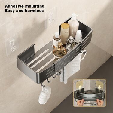 Поличка для душу Voldra без свердління, кутова поличка для ванної кімнати з присосками, металева поличка для душу з тримачем для рушників (2 шт., сіра)