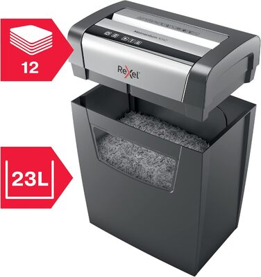 Шредер Rexel Momentum X308: безпечний знищення документів (P3, Partikelschnitt), 12 аркушів, 15л, чорний