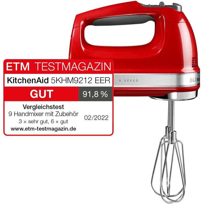 Міксер ручний KitchenAid 9 швидкостей, червоний Empire Red: з вінчиками, гаками для тіста та насадкою, 85 Вт, Soft-Start, LED-дисплей
