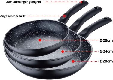 Набір сковорідок чорного кольору-3 сковороди 28 см 24 см 20 см з антипригарним покриттям, індукційна, газова, керамічна плита