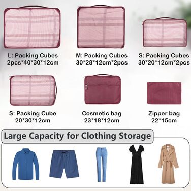 Набір органайзерів для валізи та подорожей 12 предметів, водонепроникні пакувальні куби для одягу та речей (винно-червоний)