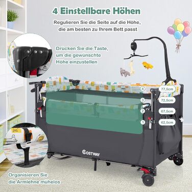 Дитяче ліжко-манеж COSTWAY 120x60 см з матрацом, пеленальним столиком, іграшками та музичною шкатулкою, сірий колір