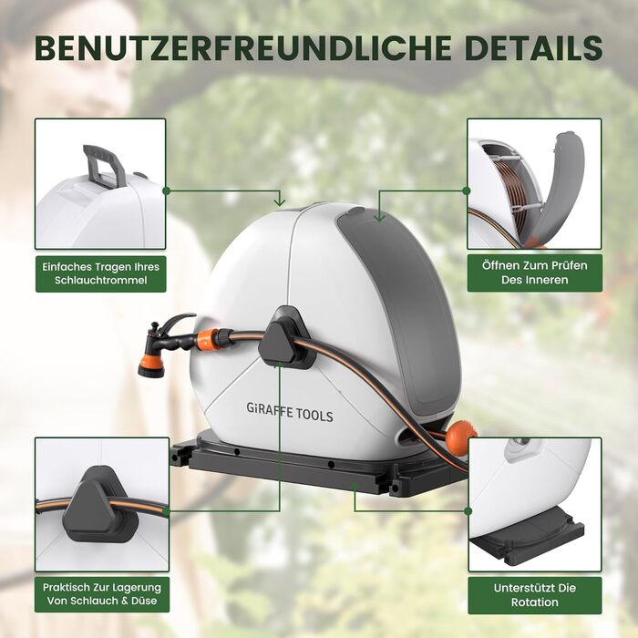 Висувна катушка для шланга Giraffe Tools 25 м, міцна, для кріплення на підлозі, з 7-функціональною насадкою та поворотним підставою 360°