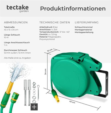 Шланговий барабан Tectake® для стіни, 1/2 дюйма, 10 м, з автозмотуванням. Шланг садовий, котушка для шланга, барабан для поливу, розпилювач.