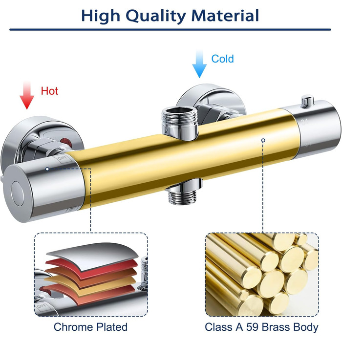 Змішувач для ванни з термостатом, накладний, хром, латунь, з кнопкою безпеки 38°C, для ванни, водопровідний кран, термостат для душу (2 отвори)