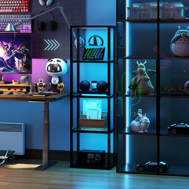 Стійка лампа HOMCOM з RGB підсвічуванням та скляними полицями, 4-рівнева LED-стійка лампа з пультом дистанційного керування, синхронізація з музикою, чорного кольору