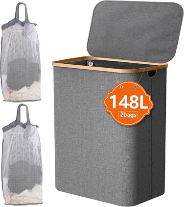 Кошик для білизни з кришкою, вузький, з бамбуковими ручками та внутрішньою кишенею, складаний, портативний, 148л, темно-сірий