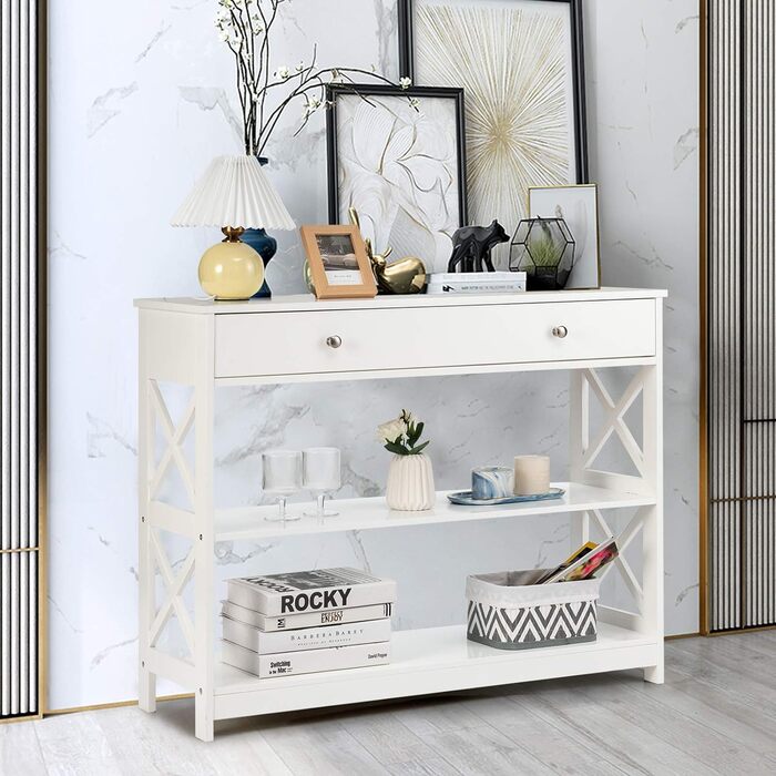 Консольний столик COSTWAY з шухлядою, 3 ящики, білий, 100x30x80 см