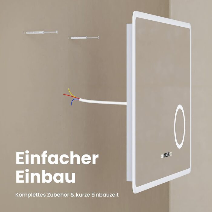 Дзеркало для ванної кімнати EMKE LED 90x70 см з підсвічуванням, годинником та захистом від запотівання, IP44