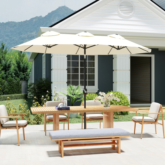 Сонячний парасоль, садовий парасоль, регульований нахил, з ручним механізмом, захисне покриття від вітру, поліестер + сталь, кремово-білий, 295 x 152 см
