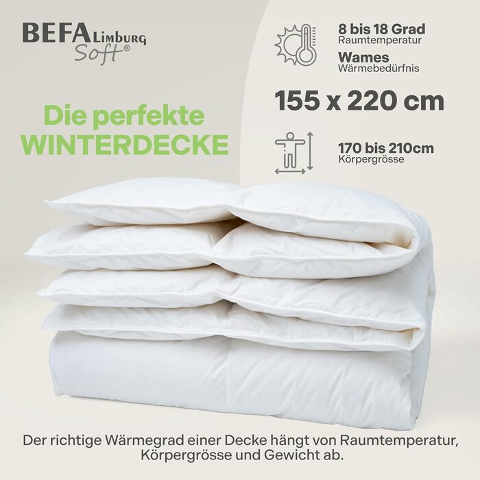Пухова ковдра BEFA SOFT Daunendecke Winter 100x135 см, 90% перо та 10% пух, дихаюча та легка у догляді, для алергіків (NOMITE), захист тварин (DOWNPASS), Oeko-TEX Клас 1, виготовлено в Німеччині