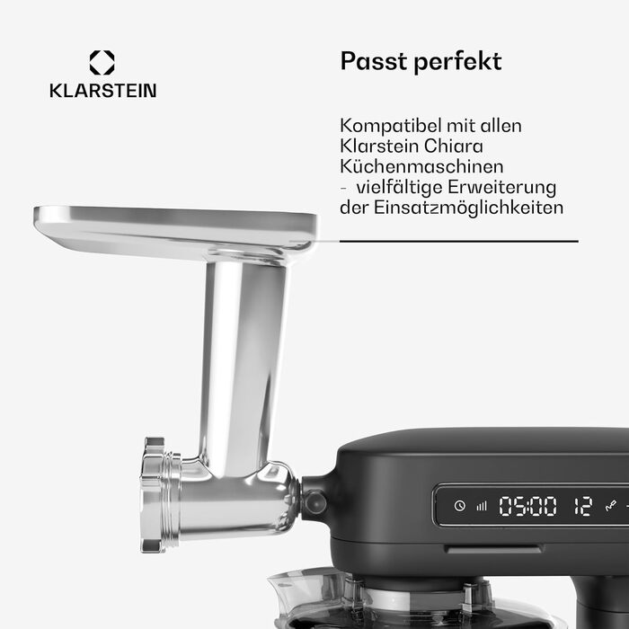 Кухонна машина Klarstein Chiara 1600W з чашею 5L з нержавіючої сталі, 12 швидкостей, LCD-сенсорний дисплей, тиха робота ≤72 dB, набір для випічки, придатний для миття в посудомийній машині, корпус з алюмінію, м'ясоподрібкувач Klarstein Chiara