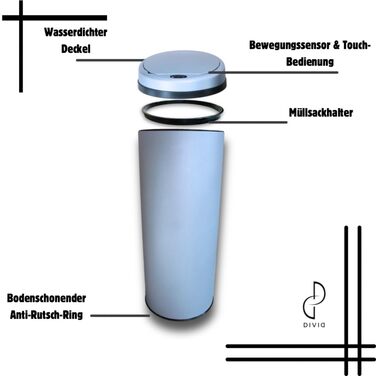 DIVID® Сміттєвий бак з датчиком руху для кухні 50л, сірий | Автоматичний сенсорний контейнер для сміття | З механізмом закривання кришки | Захист від проливання