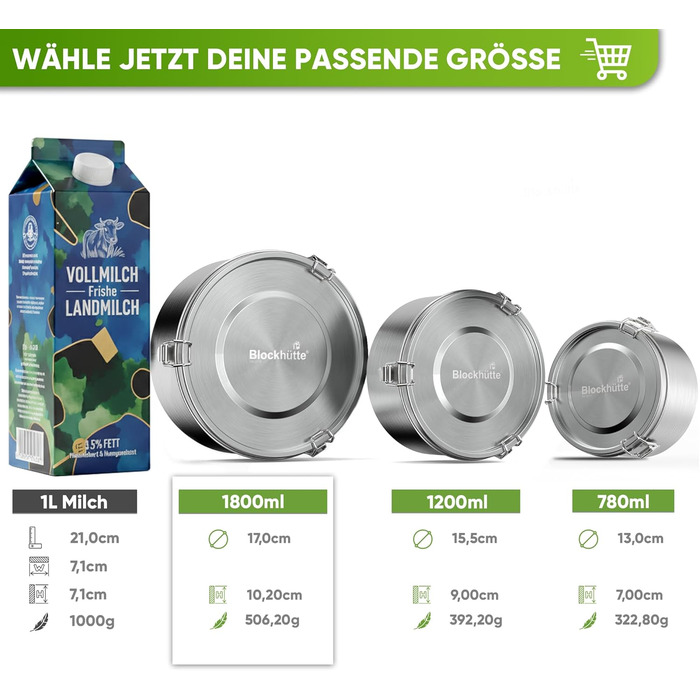 Преміум ланчбокс з нержавіючої сталі для дітей, 780 мл, з ложкою та 2 ущільнювачами, витримує температуру, для школи, миється в посудомийній машині (1800 мл, сріблястий)