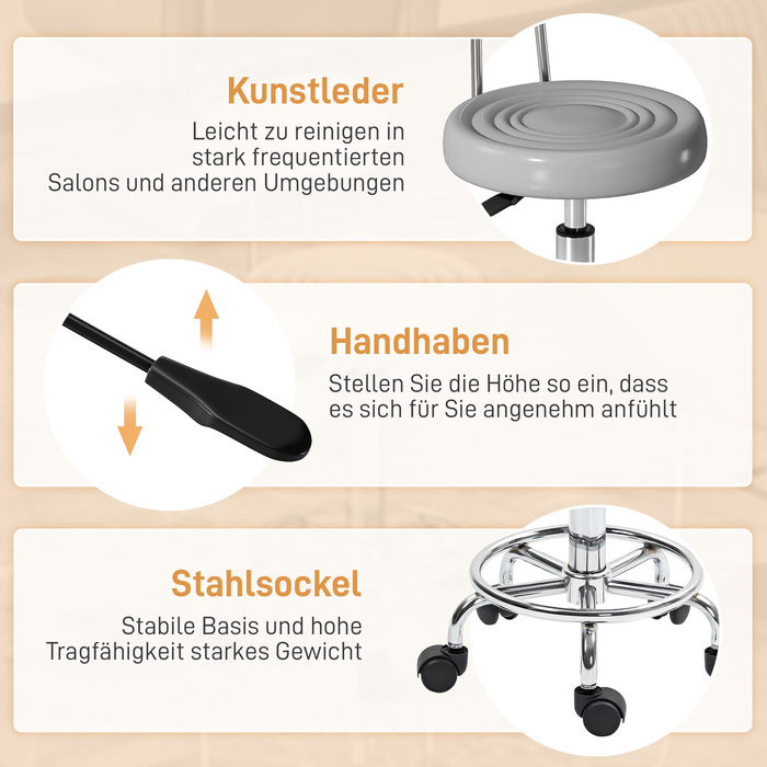 Регульований поворотний пуф з підніжкою та спинкою, обтягнутий штучною шкірою, сірого кольору. Ідеально підходить для перукарських салонів.