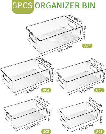 Органайзер для холодильника PERMUST 5PCS, штабельований, прозорі ящики для зберігання для кухні, комори, морозильної камери