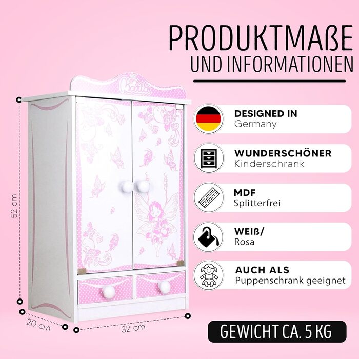 Дитячий шафа-стінка Habeig XXL з 2 дверцятами, 52 см, білий, для ляльок (Рожевий/Білий 822)
