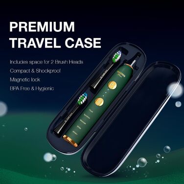 Електрична зубна щітка Wagner Stern WHITEN+ Edition з датчиком тиску. 5 режимів чищення, 3 рівні інтенсивності, 8 насадок, преміум-чохол. Зелена