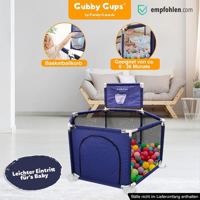 Дитячий ігровий центр GUBBY GUPS® з басейном для кульок, баскетбольним кільцем та ворітами для футболу, 188x124x66 см, як допомога для ходьби (120x120 см, сірий)