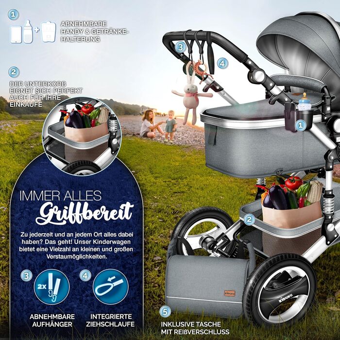 Дитяча коляска 3 в 1 KIDUKU® XXL Комплект | Комбінована коляска з люлькою, візком та автокріслом | З підніжкою, сумкою для підгузків, гріючою для рук, дощовиком, столиком для дитини | З гумовими колесами ECE R129 сірого/срібного кольору