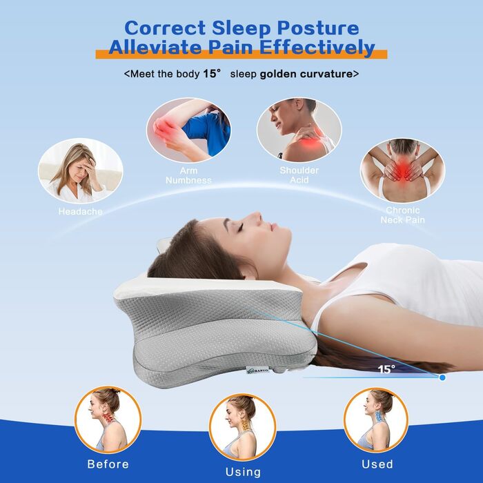 Подушка для шиї та плечей QIUBABYO з memory foam, ергономічна подушка для сну на боці, спині та животі з чохлом