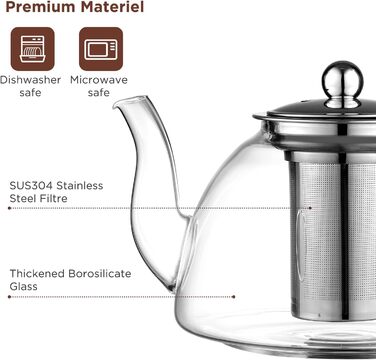 Чайник Ehugos 1500 мл Товстий скляний чайник із ситечком з нержавіючої сталі Горщик з боросилікатного скла (1300 мл)