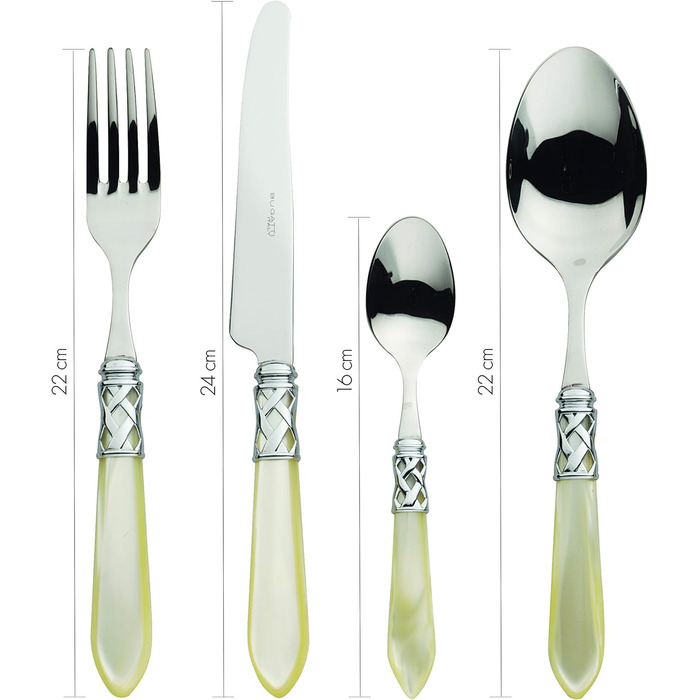 Набір столових приборів Bugatti Aladdin 24 шт. з нержавіючої сталі 18/10, хромуванням та ручками кольору онікс з перламутровим ефектом. Комплект на 6 осіб: 6 ложок, 6 виделок, 6 ножів та 6 чайних ложок