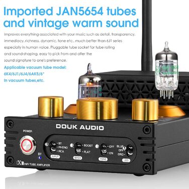 Ламповий підсилювач Douk Audio X1, HiFi Bluetooth 5.0, GE5654, MM Phono, 160 Втx2, регулювання високих і низьких частот