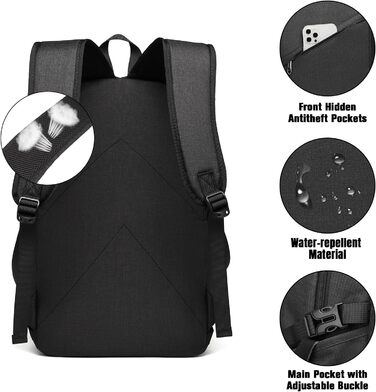 Чорний рюкзак для ноутбука KONO 15.6 дюймів, водонепроникний, антикрадійний, для роботи, подорожей та навчання