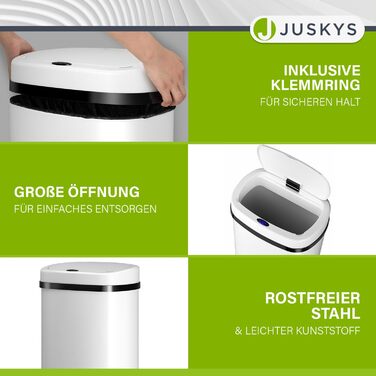 Відро для сміття Juskys з датчиком руху, білий, 60 л - кутовий контейнер з кришкою-кліпсою для сміттєвих пакетів, нержавіюча сталь, безконтактне відкривання