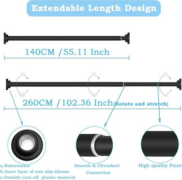 Стрижень для душу з нержавіючої сталі, , без свердління, для завіси для душу, висувний стрижень, для душу, ванни, вікна ванної кімнати, 70-120 см, новий дизайн (чисто чорний, 140-260 см (, 22 мм)
