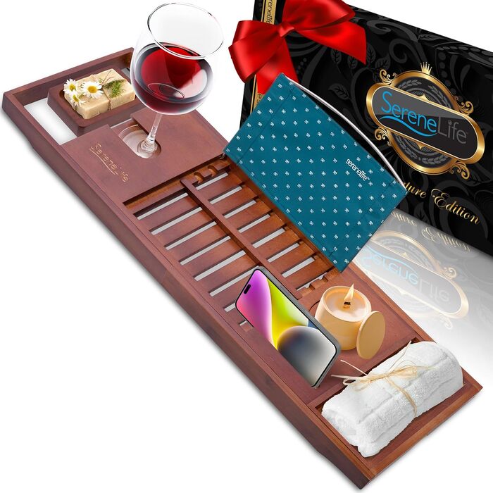 Підставка для ванни SereneLife з дерева – Розширювана підставка для ванни 70-105 см з тримачем для напоїв та книжковою підставкою (Колір: Коричневий)