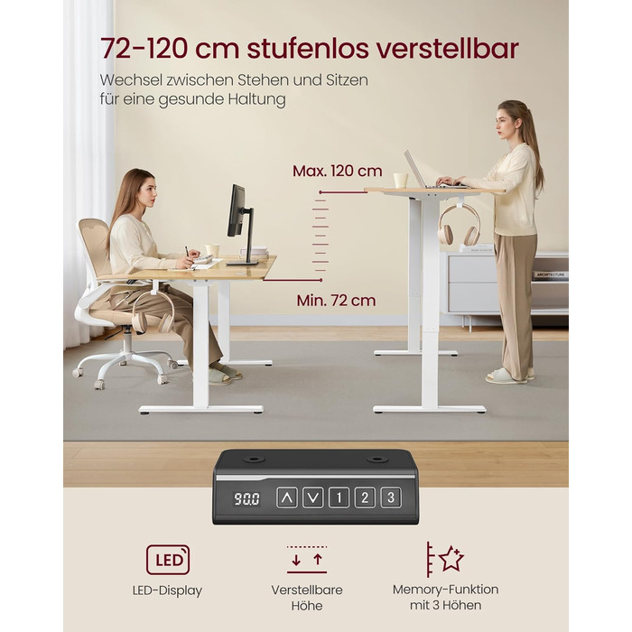 Електричний регульований стіл VASAGLE LSD02B0V2 - сталевий каркас, 3 пам'яті висоти, з гачками