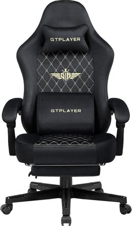 Ігровий крісло GTPLAYER з тканини, ергономічний офісний стілець для ПК, чорний, до 150 кг, регульований, з підніжкою
