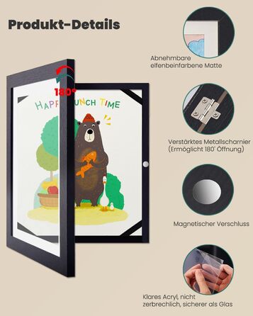 Рамки для фотографій A4, 2 шт. - Чорні, для дитячих малюнків, школи, дому, офісу