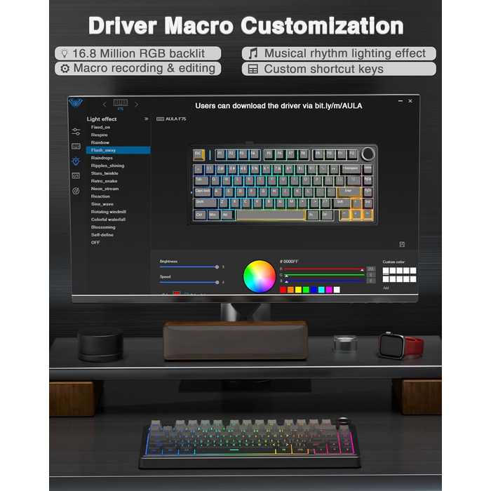 Механічна клавіатура AULA F75 PRO для геймінгу: бездротовий підключення 2.4GHz/BT5.0, Hot-Swap, QWERTY, сірий колір з градієнтом, 75%