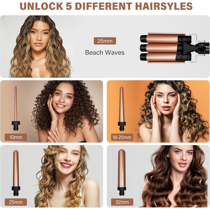 Набір для завивки волосся 5 в 1 Janelove - керамічний локонстаб 10-32 мм з різними насадками, регульована температура, рукавички та нейлонова сумка (Рожеве золото)