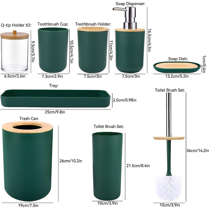 Набір аксесуарів для ванної кімнати SLDIYWOW 9 шт. темно-зелений: мідний відрі, піднос, дозатор мила, тримач для зубних щіток, стакан для зубних щіток, мильниця, WC-щітка, тримач для ватних паличок