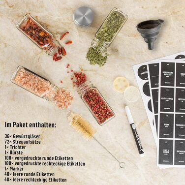 Набір скляних баночок для спецій Deco haus® 36 шт. з етикетками та дозаторами