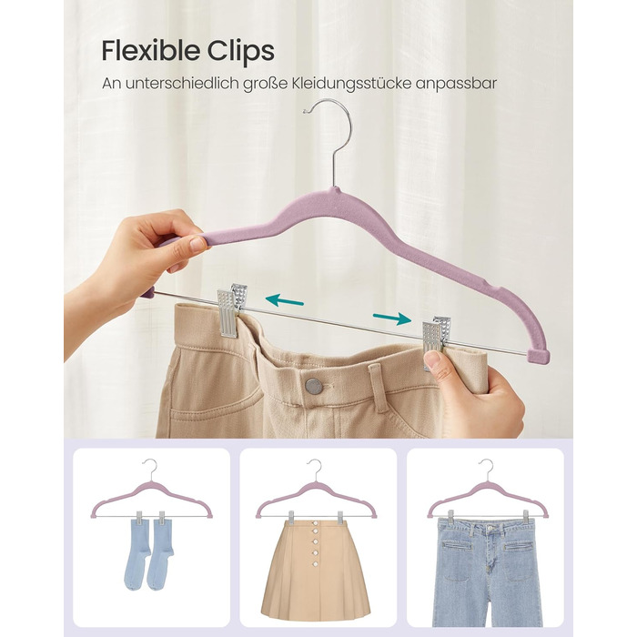 Плечики SONGMICS для одягу, 20 шт., велюрові, для штанів, пальто, суконь, 42,5 см, з регульованими кліпсами, неслизькі, економні, CRF012B20